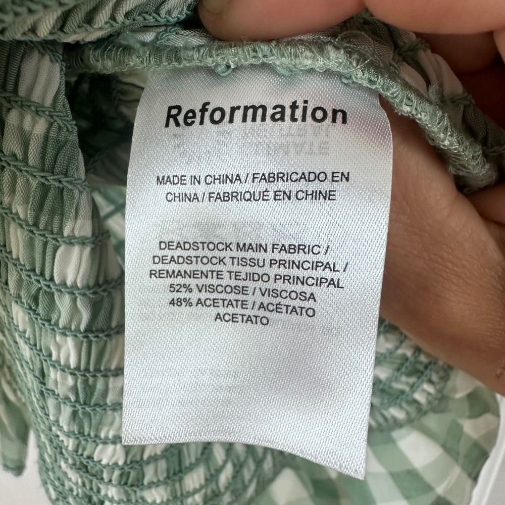 Reformation Gemini Dress Green Gingham Smocked Tie Shoulder Mini Ruffle Size S - Picture 4 of 12